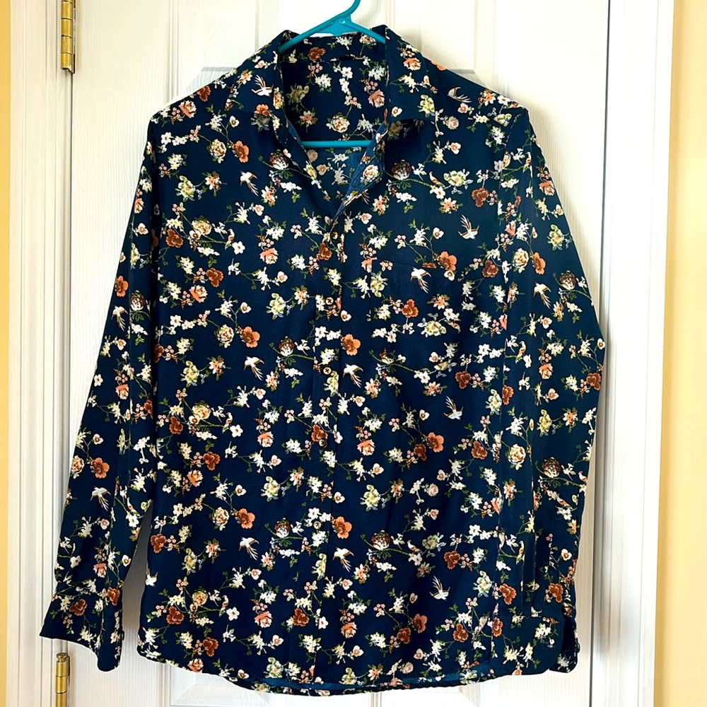 Men's Slim Fit Casual Floral Button Down Long Sleeve Shirt - Large